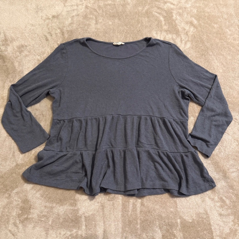 Love and Delancey Blue Thermal Ribbed Tiered Peplum Long Sleeve Top XL